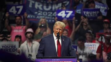 Republican presidential nominee and former U.S. President Donald Trump speaks at a rally in Glendale, Arizona, U.S., August 23, 2024. REUTERS/Go Nakamura