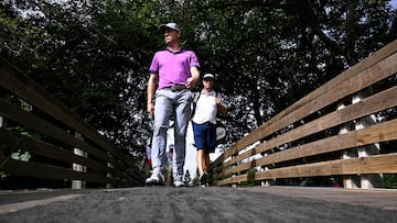 Justin Thomas crosses a bridge on the 14th hole prior to the Fortinet Championship at Silverado Resort and Spa