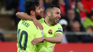 Soccer Football - La Liga Santander - Girona v FC Barcelona - Montilivi, Girona, Spain - January 27, 2019 Barcelona's Lionel Messi celebrates scoring their second goal with Jordi Alba REUTERS/Sergio Perez