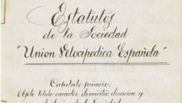 La primera página de los estatutos fundacionales de la Unión Velocipédica Española.