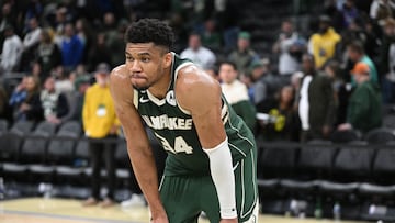 Apr 26, 2023; Milwaukee, Wisconsin, USA; Milwaukee Bucks forward Giannis Antetokounmpo (34) after a 128-126 loss to the Miami Heat during game five of the 2023 NBA Playoffs at Fiserv Forum. Mandatory Credit: Michael McLoone-USA TODAY Sports