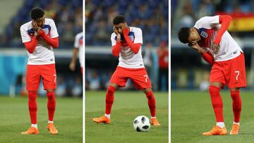 Jesse Lingard batalla contra un mosquito que se le meti&oacute; en el o&iacute;do en el calentamiento previo al T&uacute;nez-Inglaterra.