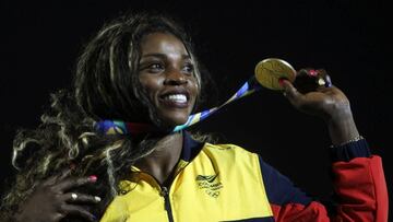 Caterine Ibarg&uuml;en celebrando su medalla de oro en el salto triple en los Juegos Centroamericanos y del Caribe Barranquilla 2018