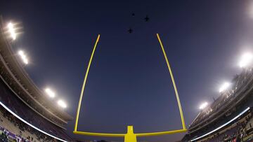 FORT WORTH, TX - DECEMBER 22: Military jets flyover the playing field before the game between the Baylor Bears and the Air Force Falcons in the Lockheed Martin Armed Forces Bowl at Amon G. Carter Stadium on December 22, 2022 in Fort Worth, Texas.   Ron Jenkins/Getty Images/AFP (Photo by Ron Jenkins / GETTY IMAGES NORTH AMERICA / Getty Images via AFP)