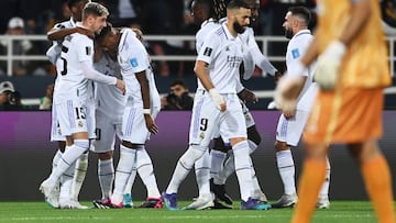 RABAT, MOROCCO - FEBRUARY 11: Federico Valverde of Real Madrid celebrates with team mates after scoring their sides fourth goal during the FIFA Club World Cup Morocco 2022 Final match between Real Madrid and Al Hilal at Prince Moulay Abdellah on February 11, 2023 in Rabat, Morocco. (Photo by David Ramos - FIFA/FIFA via Getty Images)