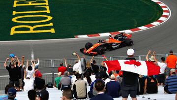 MONTREAL, QC - JUNE 09: Fernando Alonso of Spain driving the (14) McLaren Honda Formula 1 Team McLaren MCL32 on track during practice for the Canadian Formula One Grand Prix at Circuit Gilles Villeneuve on June 9, 2017 in Montreal, Canada.   Clive Mason/Getty Images/AFP
 == FOR NEWSPAPERS, INTERNET, TELCOS &amp; TELEVISION USE ONLY ==