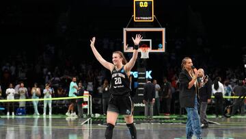 BROOKLYN, NY - AUGUST 3: Sabrina Ionescu #20 of the New York Liberty smiles after the game against the Los Angeles Sparks on August 3, 2022 at the Barclays Center in Brooklyn, New York. NOTE TO USER: User expressly acknowledges and agrees that, by downloading and or using this photograph, user is consenting to the terms and conditions of the Getty Images License Agreement. Mandatory Copyright Notice: Copyright 2022 NBAE (Photo by Evan Yu/NBAE via Getty Images)