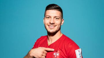 DOHA, QATAR - NOVEMBER 20: Luka Jovic of Serbia poses during the official FIFA World Cup Qatar 2022 portrait session on November 20, 2022 in Doha, Qatar. (Photo by Mike Hewitt - FIFA/FIFA via Getty Images)