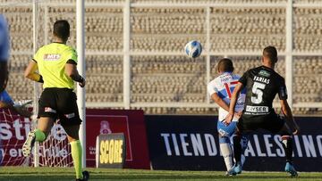 Futbol, Palestino vs Universidad Catolica.
 Fecha 4, campeonato Nacional 2022.
 El jugador de Palestino Agustian Farias, derecha, convierte su gol contra Universidad Catolica durante el partido por la primera division disputado en el estadio Municipal de 