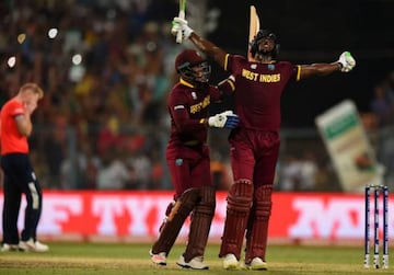 The West Indies' Carlos Brathwaite celebrates.