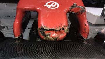 Así quedó el morro del Haas de Grosjean tras el impacto con la marmota.
