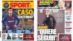 Portadas de los diarios Sport y Mundo Deportivo del d&iacute;a 8 de febrero de 2019.