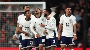 Soccer Football - World Cup - European Qualifiers - Group K - England v Latvia - Wembley Stadium, London, Britain - March 24, 2025 England's Reece James celebrates scoring their first goal with England's Jude Bellingham, England's Morgan Rogers and England's Myles Lewis-Skelly REUTERS/Toby Melville