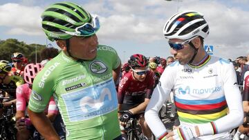 Nairo Quintana y Alejandro Valverde, antes de la 17&ordf; etapa de la Vuelta a Espa&ntilde;a entre Aranda de Duero y Guadalajara.