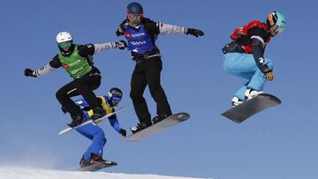 JSX-FSWC-003. Solitude (United States), 01/02/2019.- Michele Godino of Italy follows Eliot Grondin of Canada, Babtiste Brochu of Canada and Lucas Eguibar of Spain in the Snowboard Cross competition at Solitude Mountain Resort for the FIS Snowboarding Worl