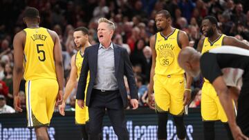 Feb 13, 2019; Portland, OR, USA; Golden State Warriors head coach Steve Kerr reacts to the referee after a play with Portland Trail Blazers and gets ejected from the game in the second half at Moda Center. Mandatory Credit: Jaime Valdez-USA TODAY Sports