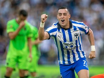 Monterrey's forward Rogelio Funes Mori celebrates after scoring against Bravos de Juarez during the Mexican Apertura 2023 tournament football match at the BBVA Bancomer stadium in Monterrey, Mexico, on October 7, 2023. (Photo by Julio Cesar AGUILAR / AFP)