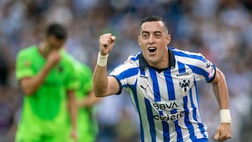 Monterrey's forward Rogelio Funes Mori celebrates after scoring against Bravos de Juarez during the Mexican Apertura 2023 tournament football match at the BBVA Bancomer stadium in Monterrey, Mexico, on October 7, 2023. (Photo by Julio Cesar AGUILAR / AFP)