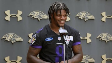 Any speculation as to whether quarterback Lamar Jackson will hold out of Ravens training camp until he signs a contract extension was seemingly put to rest on Thursday. (Kim Hairston/Baltimore Sun/Tribune News Service via Getty Images)