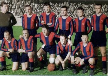 En 1945 y tras diecisis a?os de sequa el Barcelona gan su segunda liga. Esta es una de las formaciones de aquella temporada. De pie: Velasco, Raich, Sans, Elas, Golzalvo II y Curta. Agachados: Sospedra, Escol, Martn, Csar y Valle.