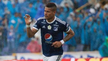 Ayron Del Valle celebrando un gol con Millonarios ante Am&eacute;rica por Liga &Aacute;guila I-2018