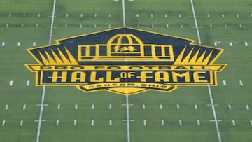 Aug 9, 2015; Canton, OH, USA; Pro Football Hall of Fame golden logo at midfield to commemorate Super Bowl 50 at Tom Benson Hall of Fame Stadium. Mandatory Credit: Kirby Lee-USA TODAY Sports