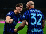 Inter Milan's Italian defender #32 Federico Dimarco and Inter Milan's Italian forward #94 Pio Esposito celebrate Inter Milan's French forward #9 Marcus Thuram's goal during the Italian Serie A football match between Inter Milan and Cagliari at San Siro stadium in Milan, on April 17, 2026. (Photo by Marco BERTORELLO / AFP)
