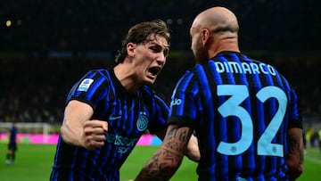 Inter Milan's Italian defender #32 Federico Dimarco and Inter Milan's Italian forward #94 Pio Esposito celebrate Inter Milan's French forward #9 Marcus Thuram's goal during the Italian Serie A football match between Inter Milan and Cagliari at San Siro stadium in Milan, on April 17, 2026. (Photo by Marco BERTORELLO / AFP)