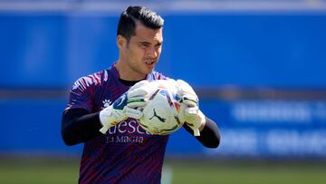 VITORIA-GASTEIZ, SPAIN - APRIL 18: Andres Fernandez of SD Huesca warms up prior to the La Liga Santander match between Deportivo Alaves and SD Huesca at Estadio de Mendizorroza on April 18, 2021 in Vitoria-Gasteiz, Spain. Sporting stadiums around Spain re