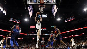 Mar 29, 2018; San Antonio, TX, USA; San Antonio Spurs center Pau Gasol (16) dunks the ball as Oklahoma City Thunder shooting guard Terrance Ferguson (23) looks on during the first half at AT&amp;T Center. Mandatory Credit: Soobum Im-USA TODAY Sports