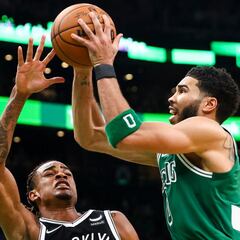 Boston Celtics' Tatum reacts to 54-point haul in win over Brooklyn Nets