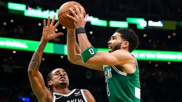 Boston Celtics' Tatum reacts to 54-point haul in win over Brooklyn Nets