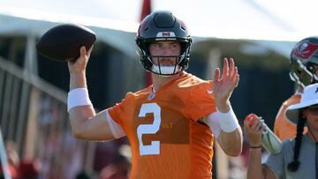 Jul 30, 2023; Tampa, FL, USA; Tampa Bay Buccaneers quarterback Kyle Trask (2) during training camp at AdventHealth Training Center. Mandatory Credit: Kim Klement-USA TODAY Sports