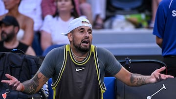 Australia's Nick Kyrgios reacts between points against Britain's Jacob Fearnley during their men's singles match on day two of the Australian Open tennis tournament in Melbourne on January 13, 2025. (Photo by WILLIAM WEST / AFP) / -- IMAGE RESTRICTED TO EDITORIAL USE - STRICTLY NO COMMERCIAL USE --