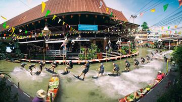 Dominik Gührs practicando wakeboard en el mercado flotante de Bangkok.