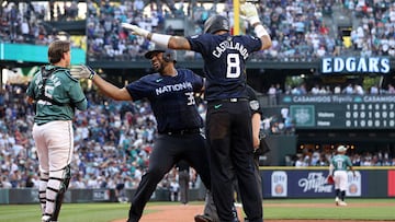 SEATTLE, WASHINGTON - JULY 11: Elias D�az #35 of the Colorado Rockies shakes hands with Adley Rutschman #35 of the Baltimore Orioles following the 93rd MLB All-Star Game presented by Mastercard at T-Mobile Park on July 11, 2023 in Seattle, Washington.   Steph Chambers/Getty Images/AFP (Photo by Steph Chambers / GETTY IMAGES NORTH AMERICA / Getty Images via AFP)