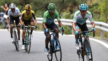 GRAF4716. ANDORRA, 01/09/2019.- (De der a izq) El ciclista colombiano del equipo Astana, Miguel Ángel "Superman López"; su compatriota del equipo Movistar, Nairo Quintana; el eslovaco Primoz Roglic y el español Alejandro Valverde, durante la novena etapa de la 74 Vuelta a España 2019, con salida en la localidad de Andorra La Vella y meta en Cortals D' Encamp, y un recorrido de 94,4 kilómetros. El esloveno Tadej Pogacar (UAE Emirates), de 20 años, fue el vencedor de la novena etapa de la Vuelta, en la que el colombiano Nairo Quintana se enfundó el maillot rojo de líder. EFE/ Javier Lizón