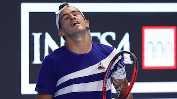 MILAN, ITALY - NOVEMBER 10:  Sebastian Baez of Argentina reacts in his match against Sebastian Korda of USA during Day Two of the Next Gen ATP Finals at Palalido Stadium on November 10, 2021 in Milan, Italy. (Photo by Julian Finney/Getty Images)