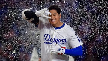 Apr 2, 2025; Los Angeles, California, USA; Los Angeles Dodgers designated hitter Shohei Ohtani (17) is greeted at home after hitting a walk off solo home run against the Atlanta Braves during the ninth inning at Dodger Stadium. Mandatory Credit: Gary A. Vasquez-Imagn Images TPX IMAGES OF THE DAY