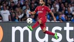 Mohamed Salah of Liverpool FC controls the ball during the UEFA Champions League match between SSC Napoli and Liverpool FC at Stadio Diego Armando Maradona, Naples, Italy on 7 September 2022.  (Photo by Giuseppe Maffia/NurPhoto via Getty Images)