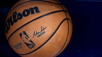 INDIANAPOLIS, INDIANA - OCTOBER 15: A NBA ball before the Indiana Pacers game against the Cleveland Cavaliers at Bankers Life Fieldhouse on October 15, 2021 in Indianapolis, Indiana.