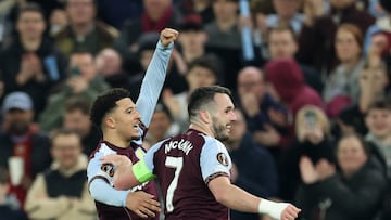Soccer Football - UEFA Europa League - Round of 16 - Second Leg - Aston Villa v Lille - Villa Park, Birmingham, Britain - March 19, 2026 Aston Villa's John McGinn celebrates scoring their first goal with Jadon Sancho Action Images via Reuters/Andrew Boyers