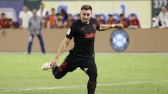 Jul 23, 2019;  Arlington, TX, USA; Atletico Madrid midfielder Hector Herrera (16) makes a goal in the penalty kick shootout against Guadalajara in the International Champions Cup soccer series at Globe Life Park. Mandatory Credit: Kevin Jairaj-USA TODAY S