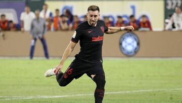 Jul 23, 2019; Arlington, TX, USA; Atletico Madrid midfielder Hector Herrera (16) makes a goal in the penalty kick shootout against Guadalajara in the International Champions Cup soccer series at Globe Life Park. Mandatory Credit: Kevin Jairaj-USA TODAY S