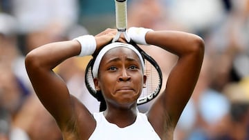 Gauff reacts after beating Venus Williams at Wimbledon 2019.