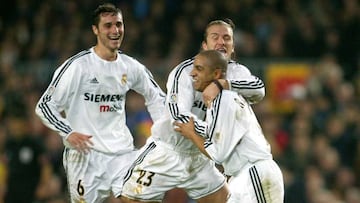 06/12/03 BARCELONA - REAL MADRID ALEGRIAS DE ROBERTO CARLOS POR UN GOL BECKHAM HELGUERA
PUBLICADA 07/12/03 NA MA04 2COL