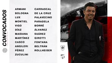 Marcelo Gallardo definió la lista de concentrados para el miércoles, con 23 futbolistas y sin Robert Rojas, aunque hoy recibió el alta médica.