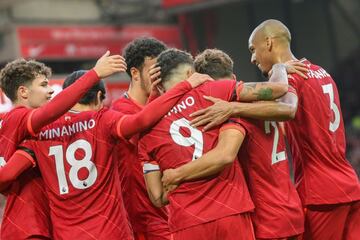 Liverpool's forward Roberto Firmino (9) celebrates his goal with teammates 2-0 during the Pre-Season Friendly football match between Liverpool and Osasuna on August 9, 2021 at Anfield.