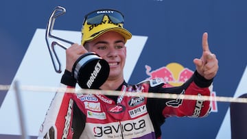MISANO ADRIATICO, ITALY - SEPTEMBER 10: David Alonso of Colombia and Gaviota GASGAS Aspar M3 celebrate the victory of Moto 3 race of the MotoGP Of San Marino at Misano World Circuit on September 10, 2023 in Misano Adriatico, Italy. (Photo by Danilo Di Giovanni/Getty Images)