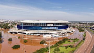 A drone view shows the flooded Arena Gremio stadium in Porto Alegre, in Rio Grande do Sul state, Brazil, May 6, 2024. REUTERS/Amanda Perobelli